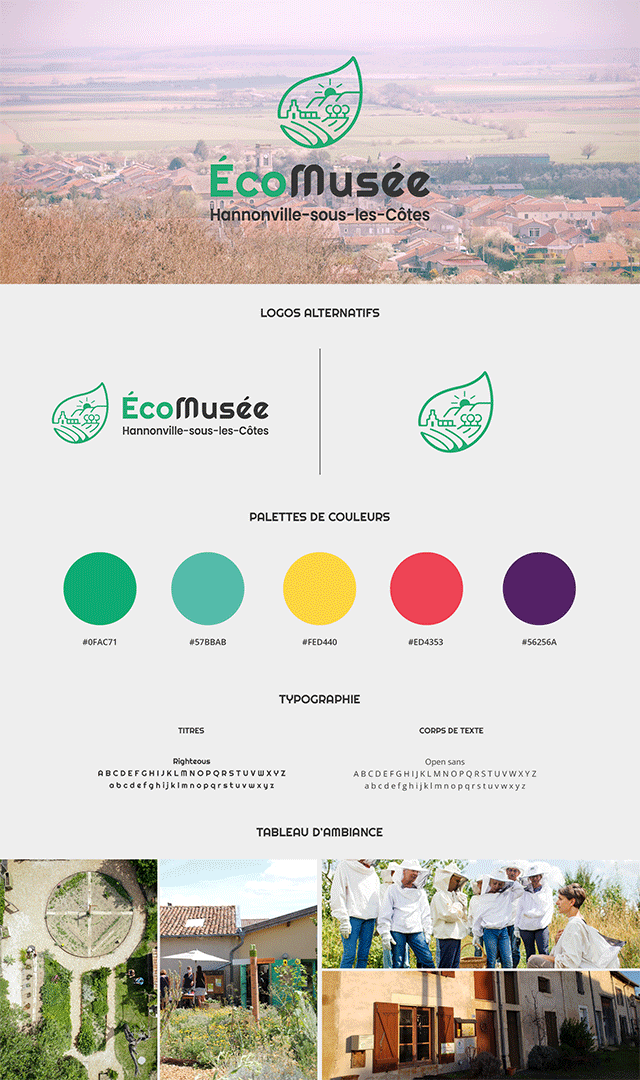 Brandboard Écomusée Brandboard réalisée pour l'Écomusée d'Hannonville regroupant le logo et ses déclinaisons, les typographies et les couleurs